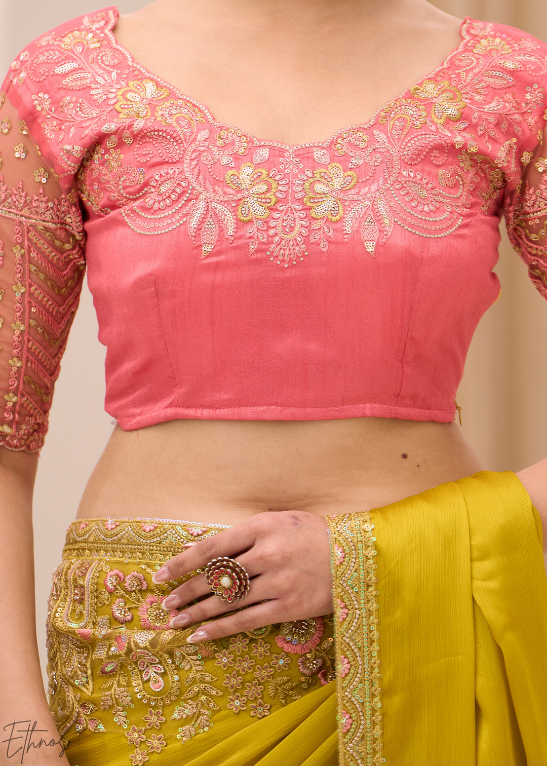 Mustard Yellow Minimalist Satin Chiffon Saree