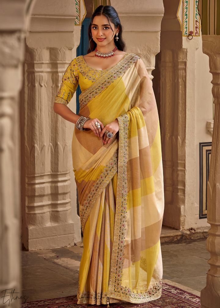 Mustard Yellow Ombre Panel Embroidered Silk Saree