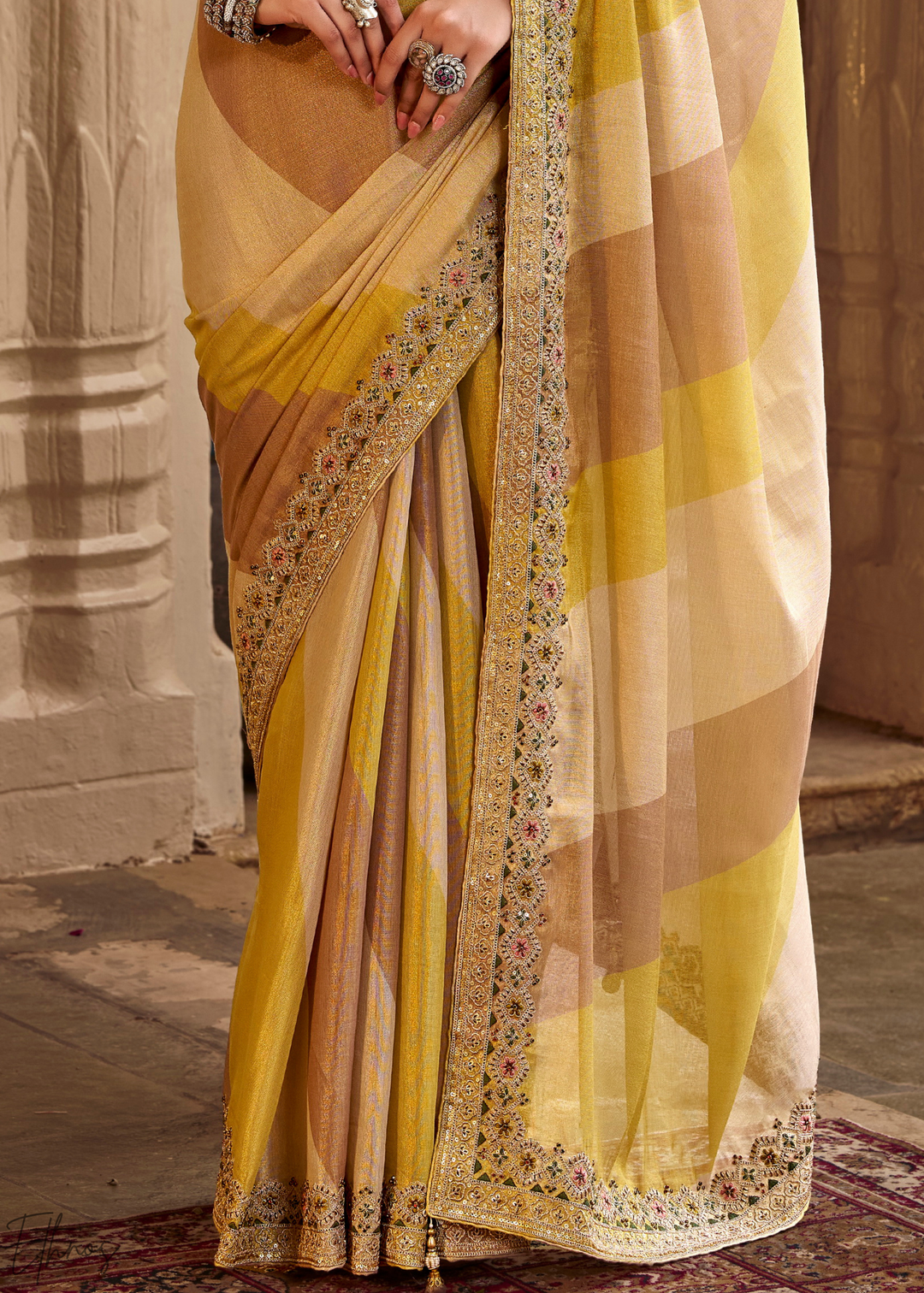 Mustard Yellow Ombre Panel Embroidered Silk Saree