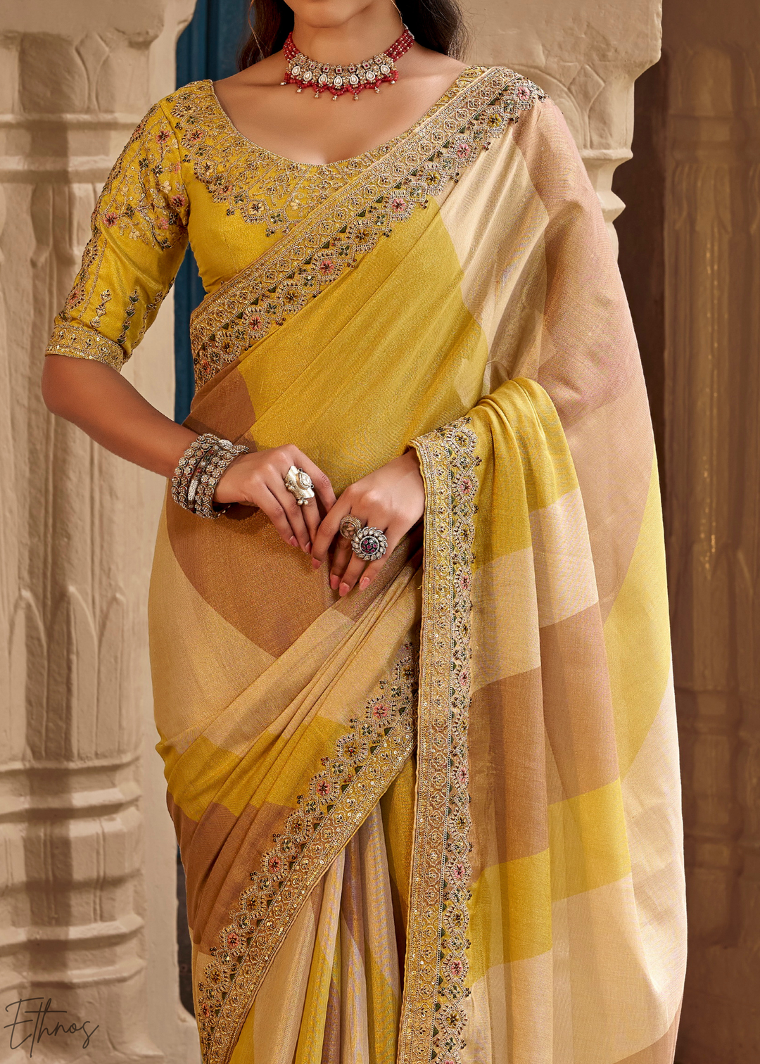 Mustard Yellow Ombre Panel Embroidered Silk Saree