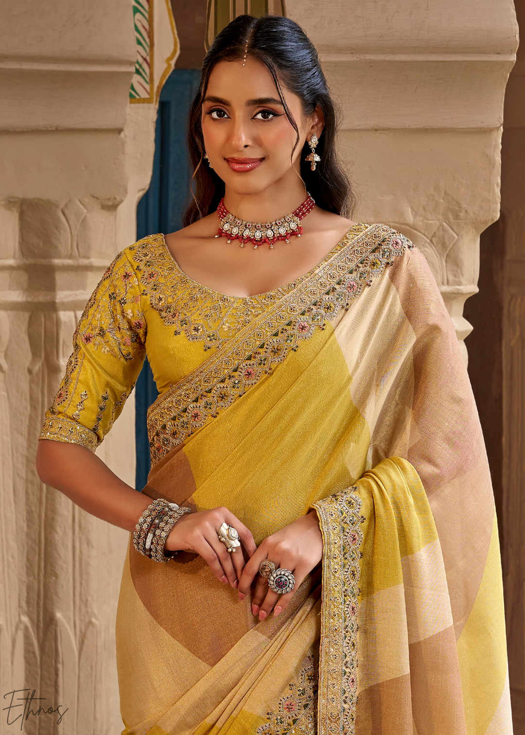 Mustard Yellow Ombre Panel Embroidered Silk Saree