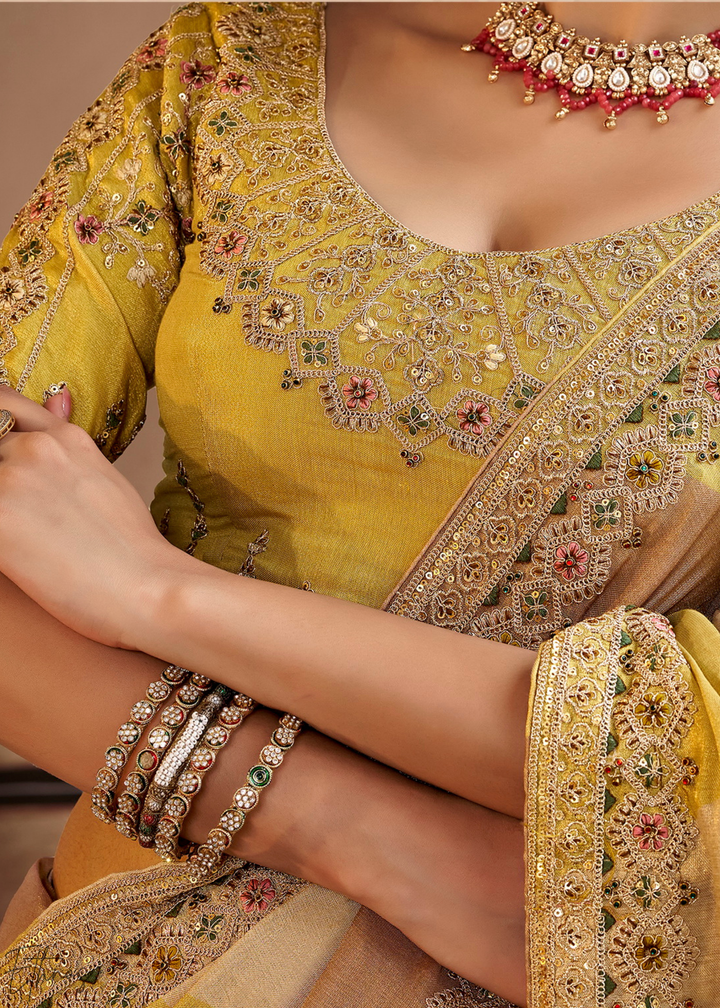 Mustard Yellow Ombre Panel Embroidered Silk Saree