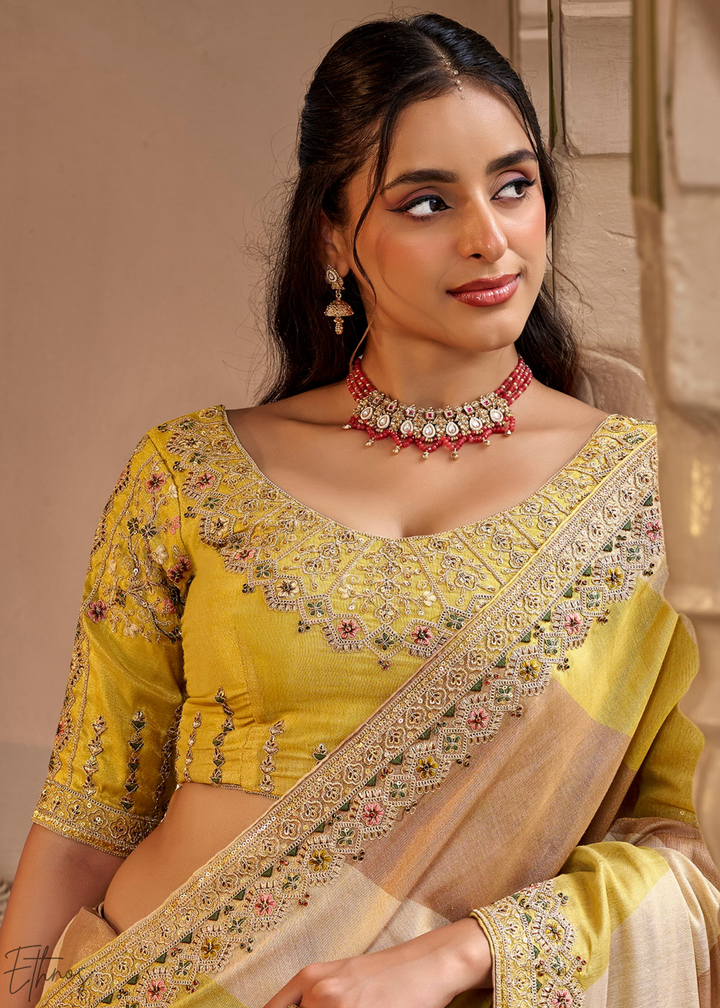 Mustard Yellow Ombre Panel Embroidered Silk Saree
