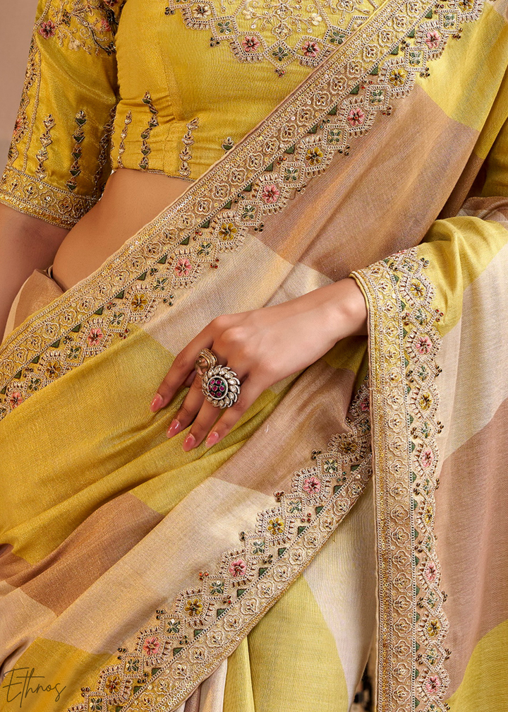 Mustard Yellow Ombre Panel Embroidered Silk Saree