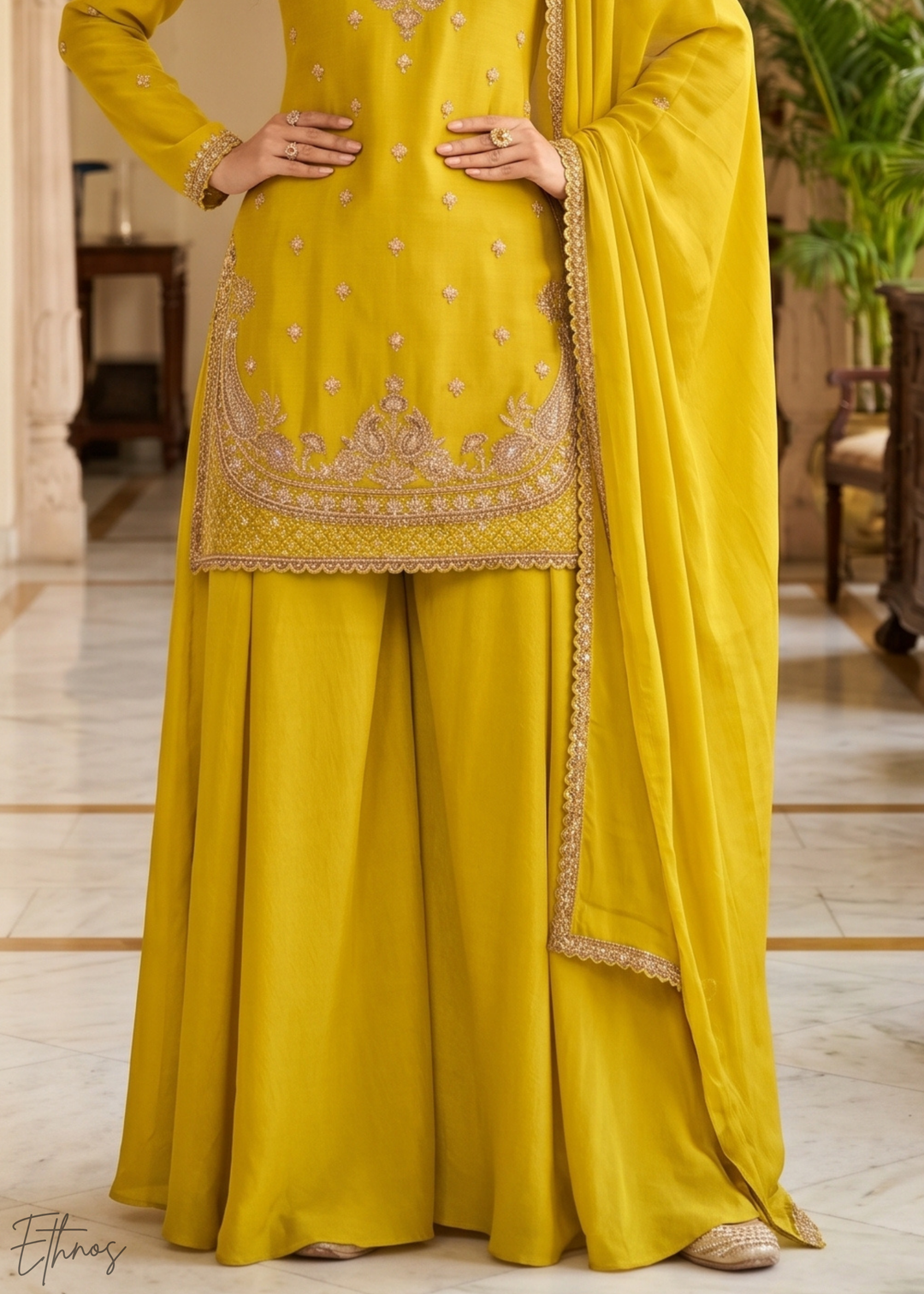 Mustard Yellow Regal-Embroidered Chinon Sharara Suit