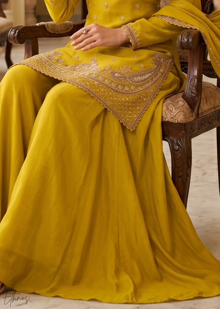 Mustard Yellow Regal-Embroidered Chinon Sharara Suit