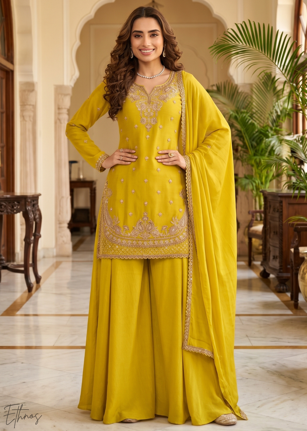 Mustard Yellow Regal-Embroidered Chinon Sharara Suit