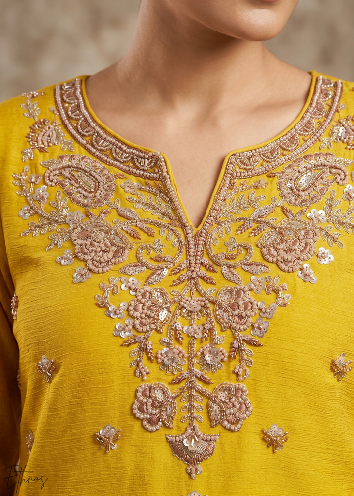Mustard Yellow Regal-Embroidered Chinon Sharara Suit
