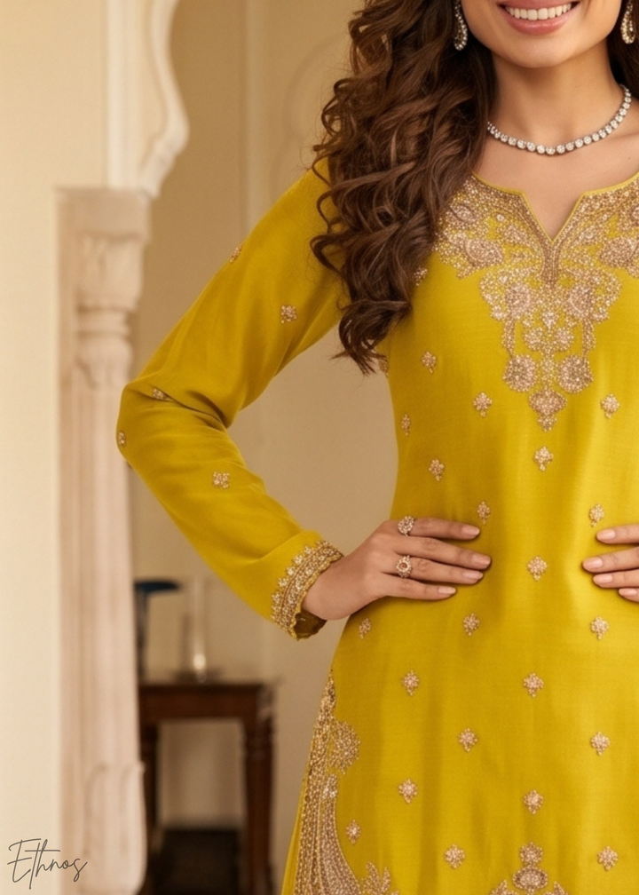 Mustard Yellow Regal-Embroidered Chinon Sharara Suit