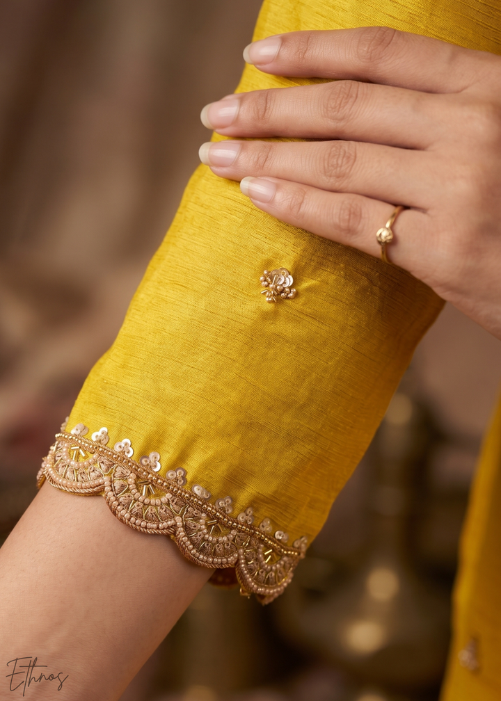 Mustard Yellow Regal-Embroidered Chinon Sharara Suit