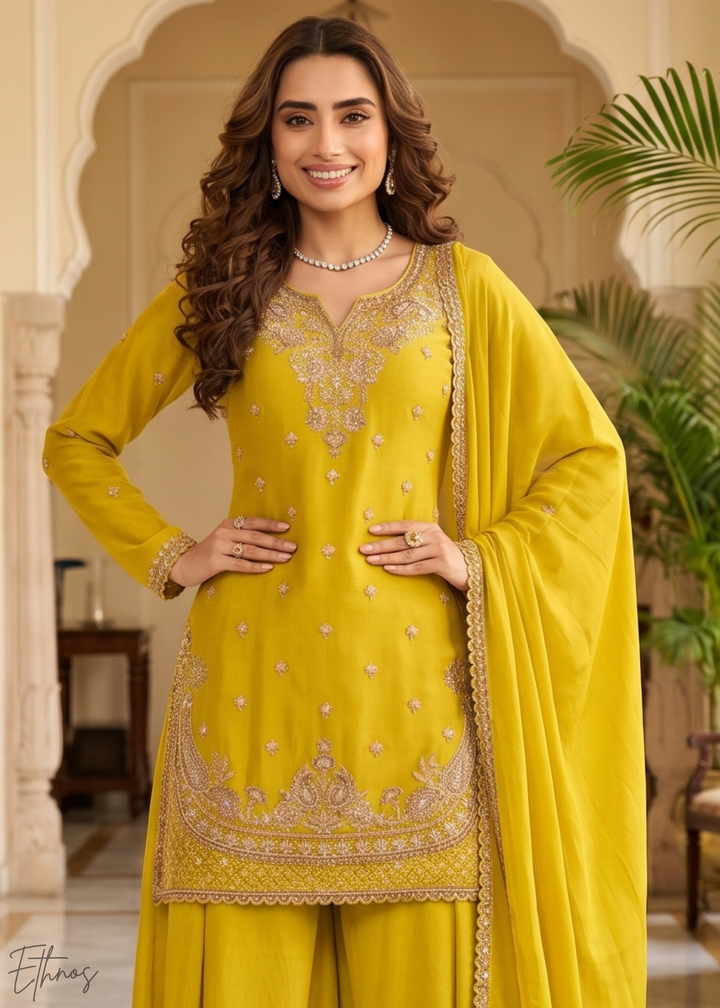 Mustard Yellow Regal-Embroidered Chinon Sharara Suit