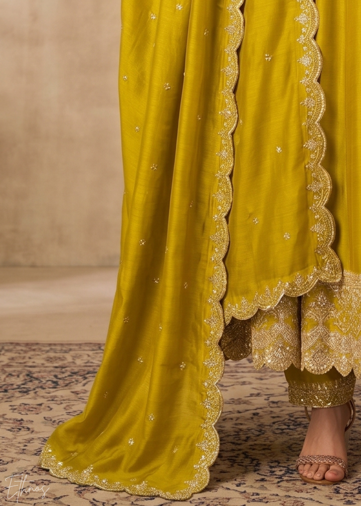 Mustard Yellow Regal-Embroidered Silk Anarkali Suit