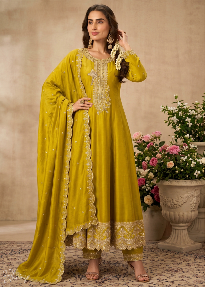 Mustard Yellow Regal-Embroidered Silk Anarkali Suit