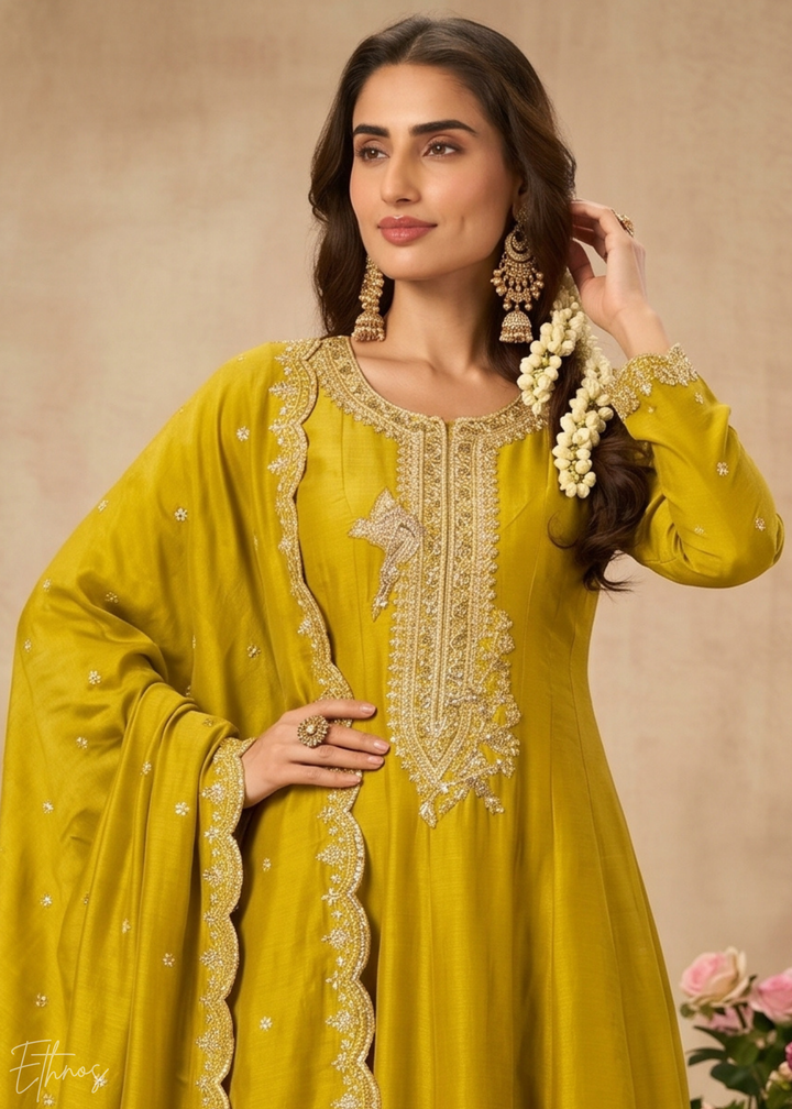 Mustard Yellow Regal-Embroidered Silk Anarkali Suit