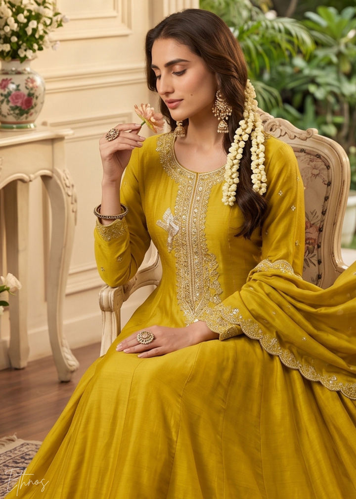Mustard Yellow Regal-Embroidered Silk Anarkali Suit