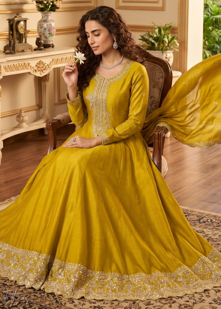 Mustard Yellow Regal-Embroidered Silk Anarkali Suit