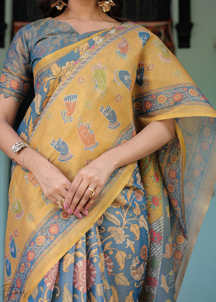 Mustard Yellow Royal Heritage Cotton Linen Saree