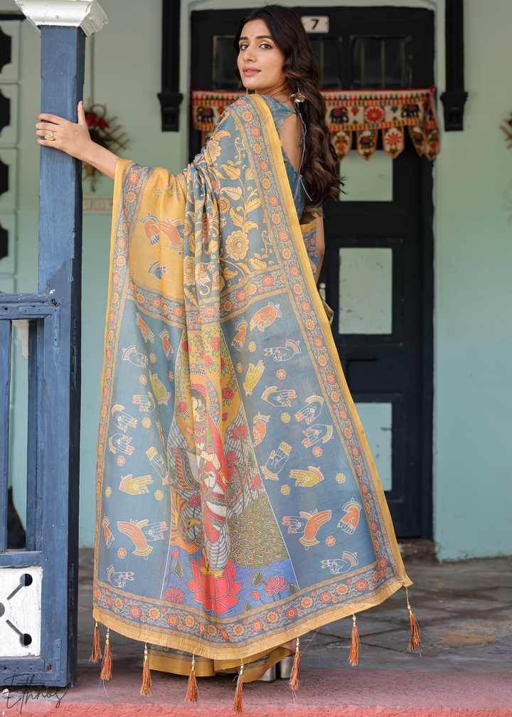 Mustard Yellow Royal Heritage Cotton Linen Saree