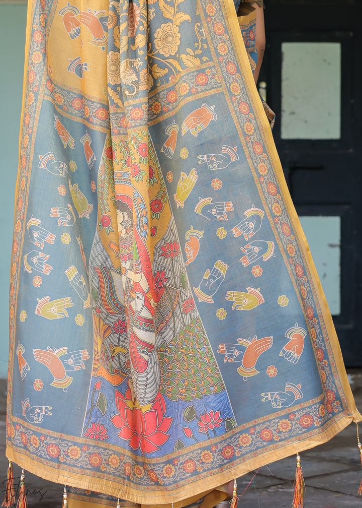 Mustard Yellow Royal Heritage Cotton Linen Saree