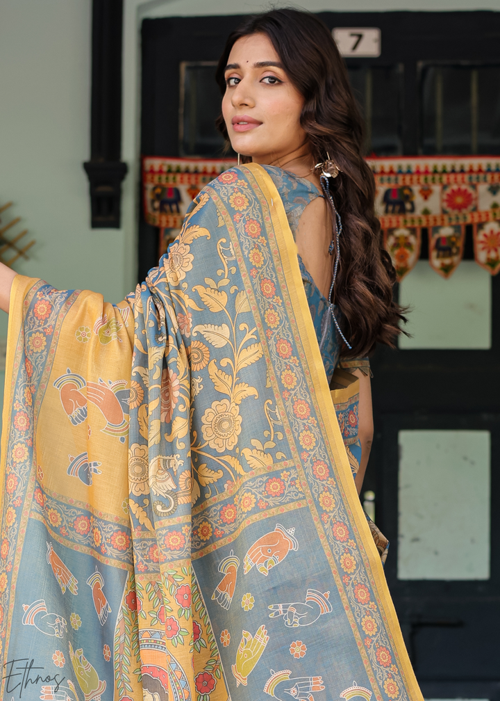 Mustard Yellow Royal Heritage Cotton Linen Saree