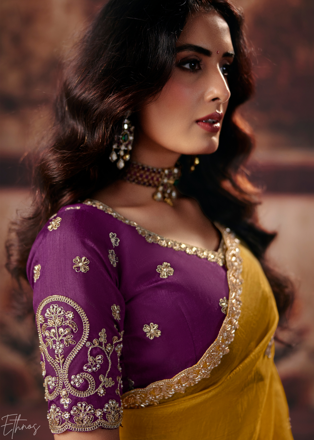 Mustard Yellow Scallop Embroidered Border Organza Saree