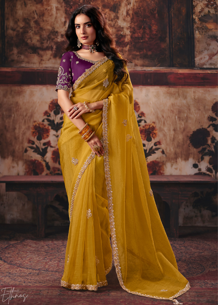 Mustard Yellow Scallop Embroidered Border Organza Saree