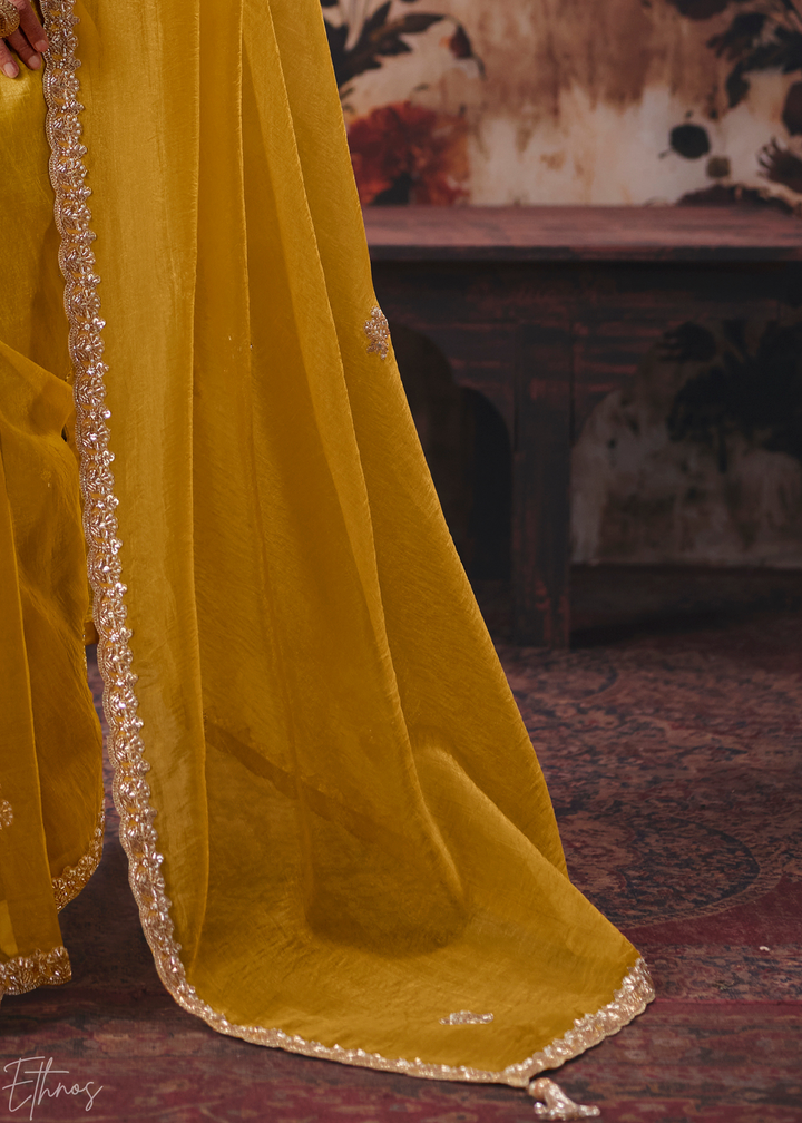 Mustard Yellow Scallop Embroidered Border Organza Saree