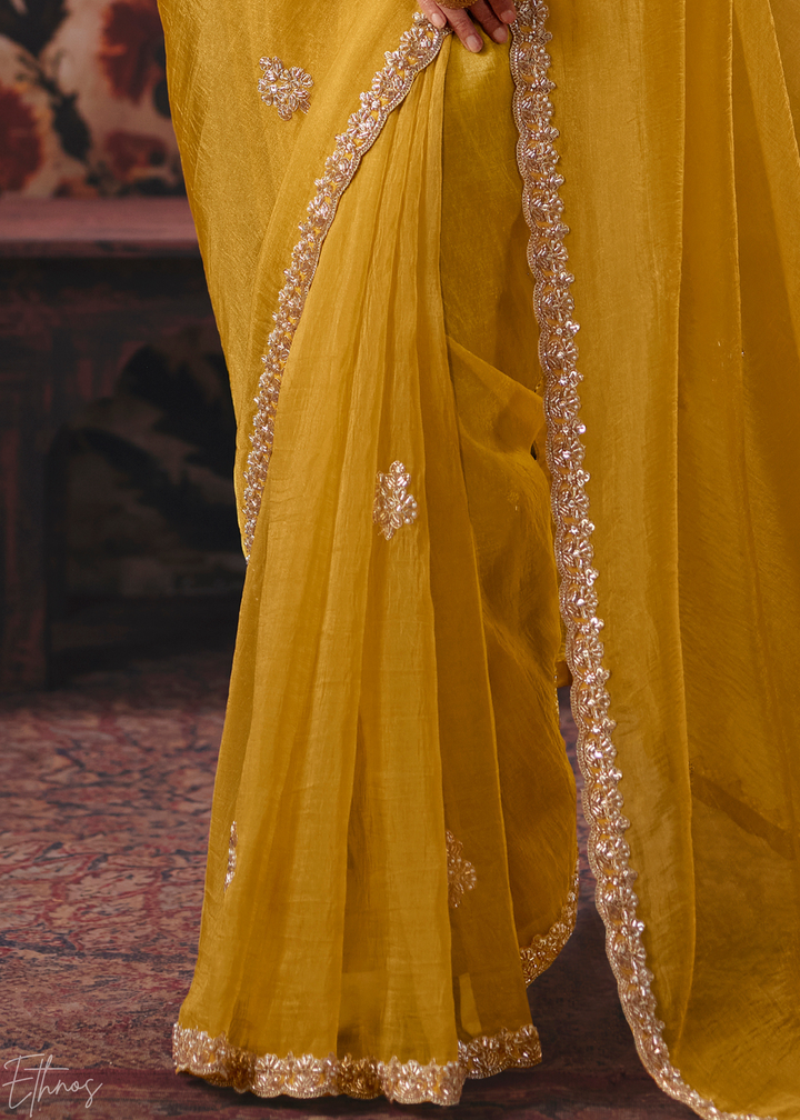 Mustard Yellow Scallop Embroidered Border Organza Saree