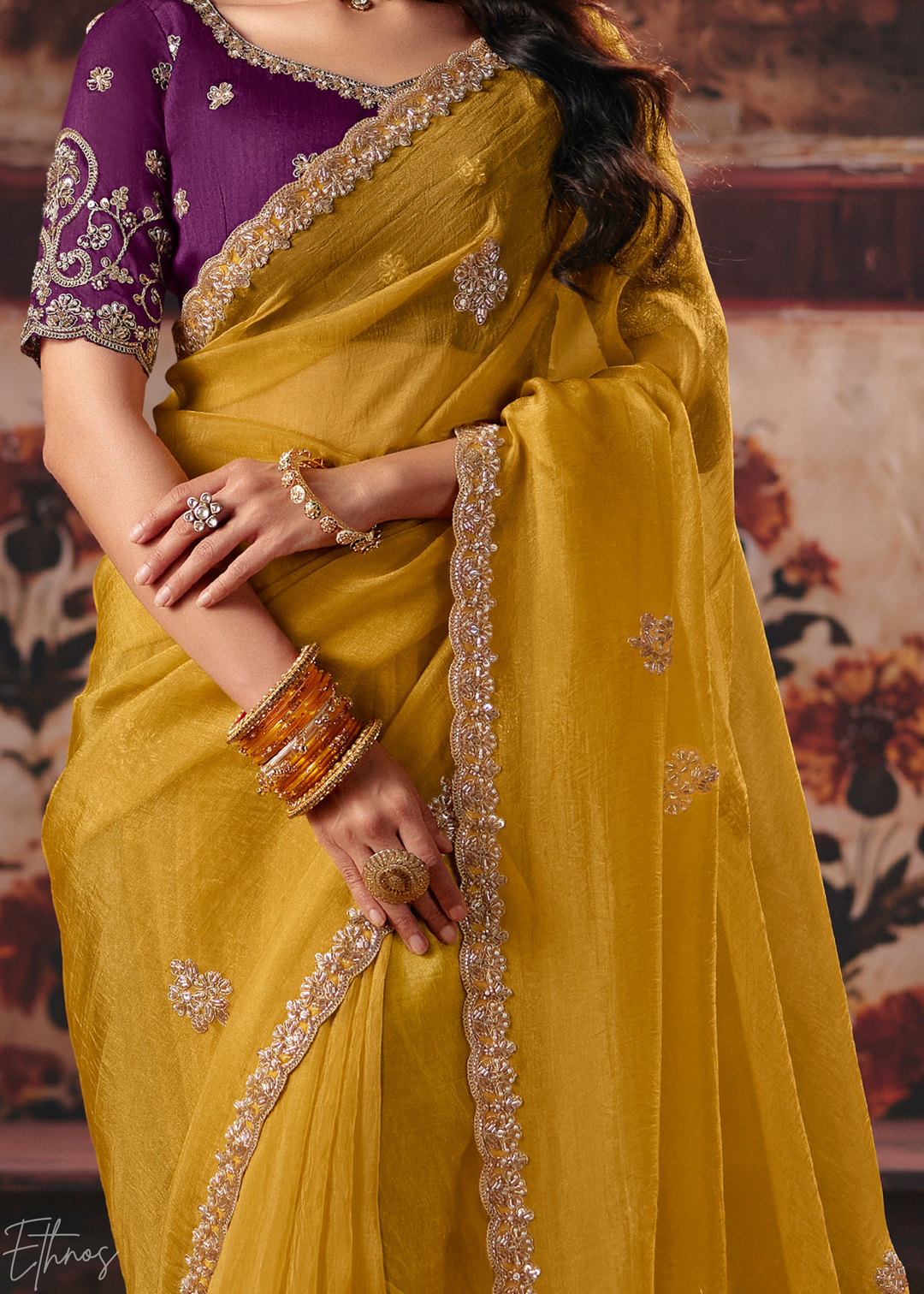 Mustard Yellow Scallop Embroidered Border Organza Saree