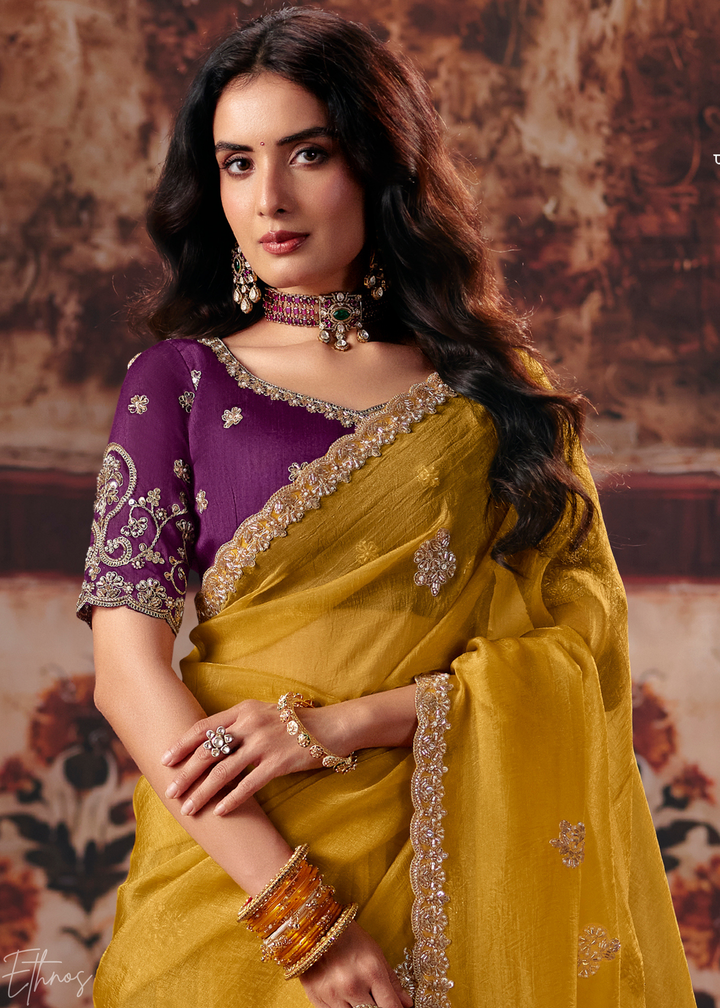 Mustard Yellow Scallop Embroidered Border Organza Saree