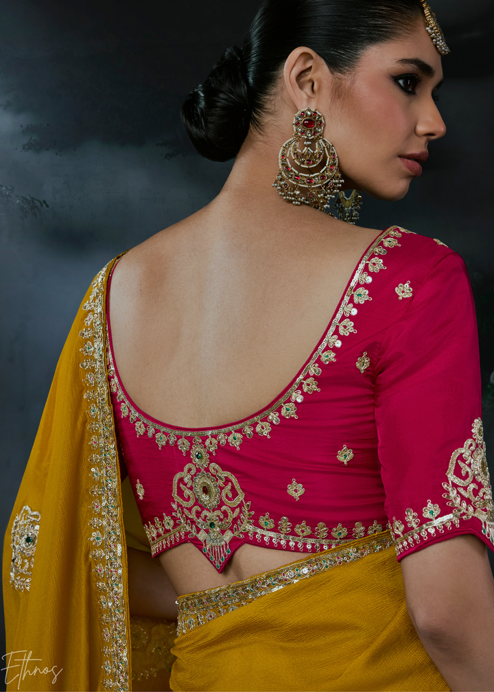 Mustard Yellow Scattered Detail Organza Silk Saree