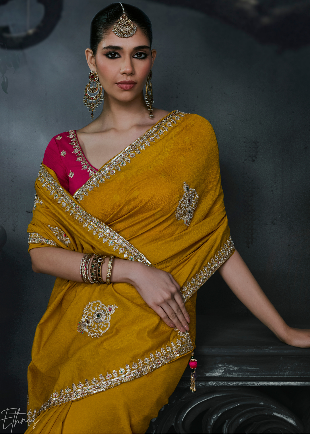 Mustard Yellow Scattered Detail Organza Silk Saree