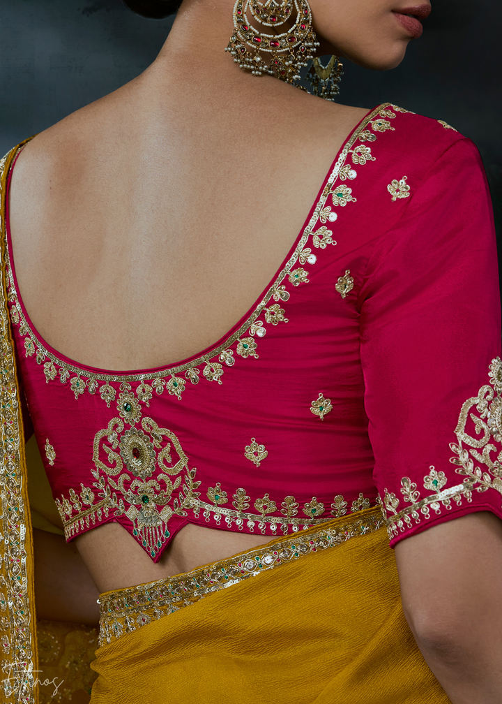Mustard Yellow Scattered Detail Organza Silk Saree