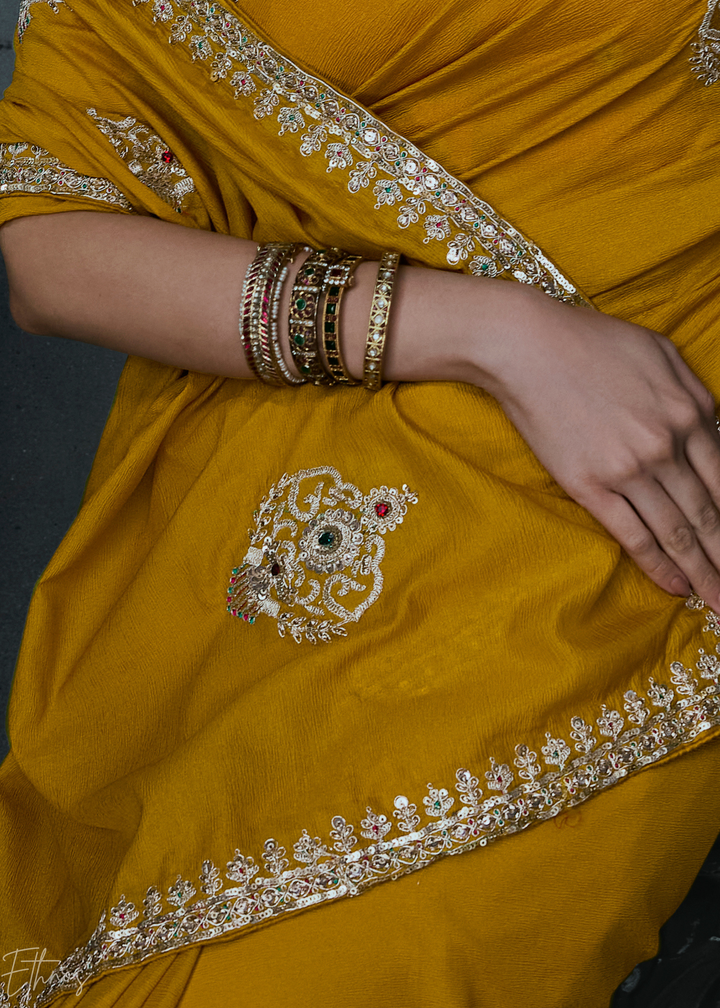 Mustard Yellow Scattered Detail Organza Silk Saree