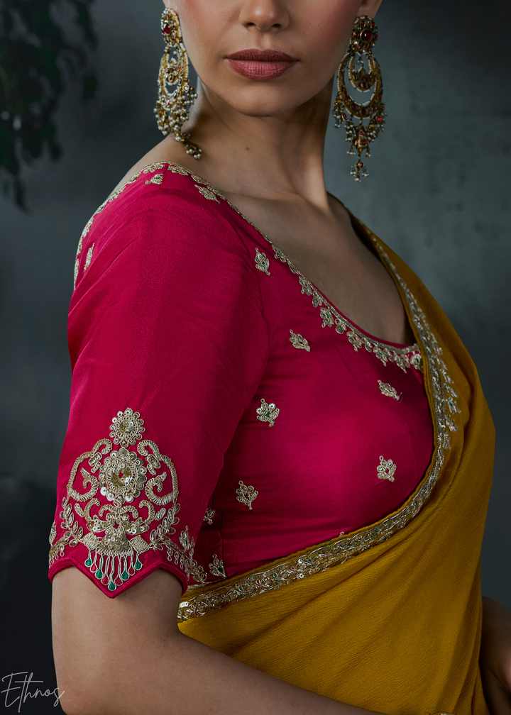 Mustard Yellow Scattered Detail Organza Silk Saree