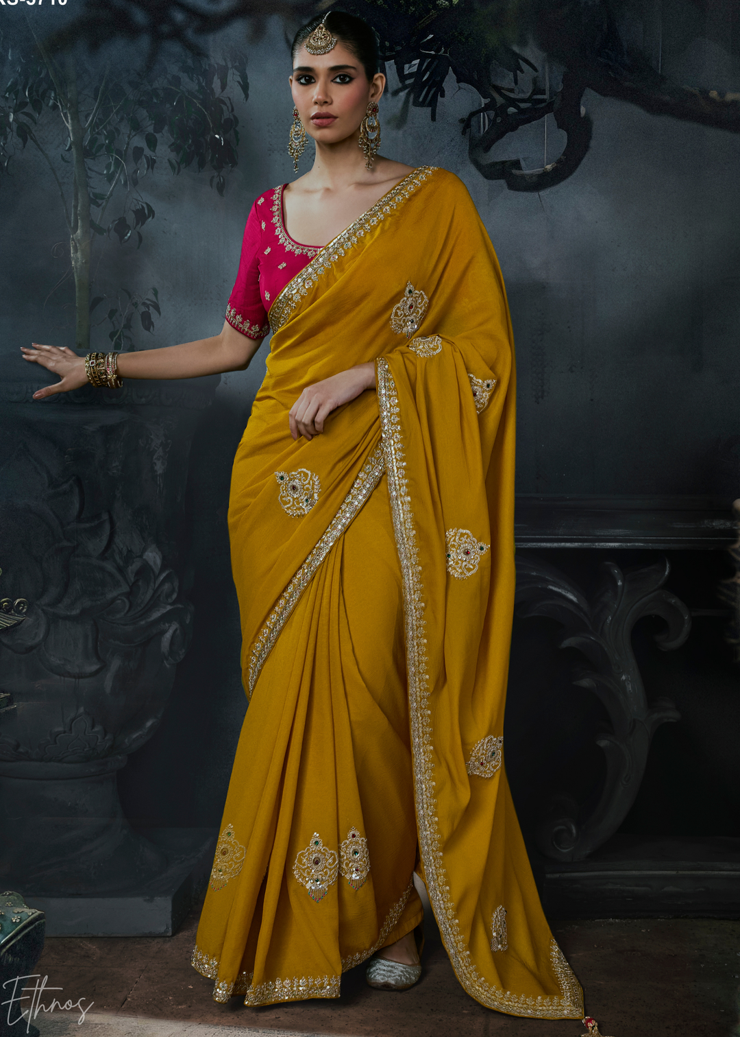 Mustard Yellow Scattered Detail Organza Silk Saree