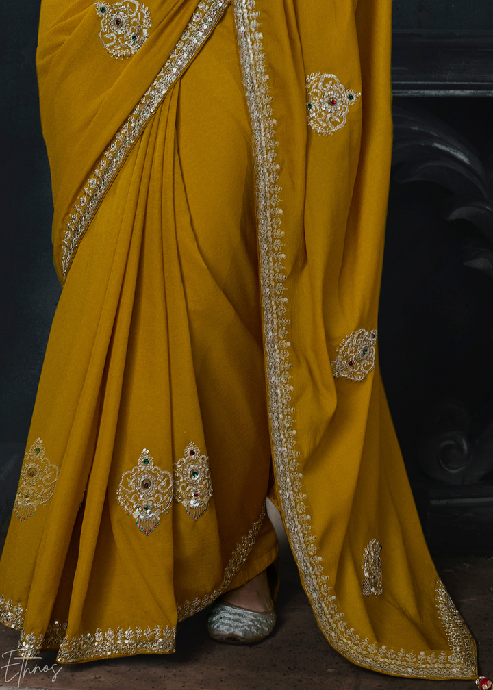 Mustard Yellow Scattered Detail Organza Silk Saree