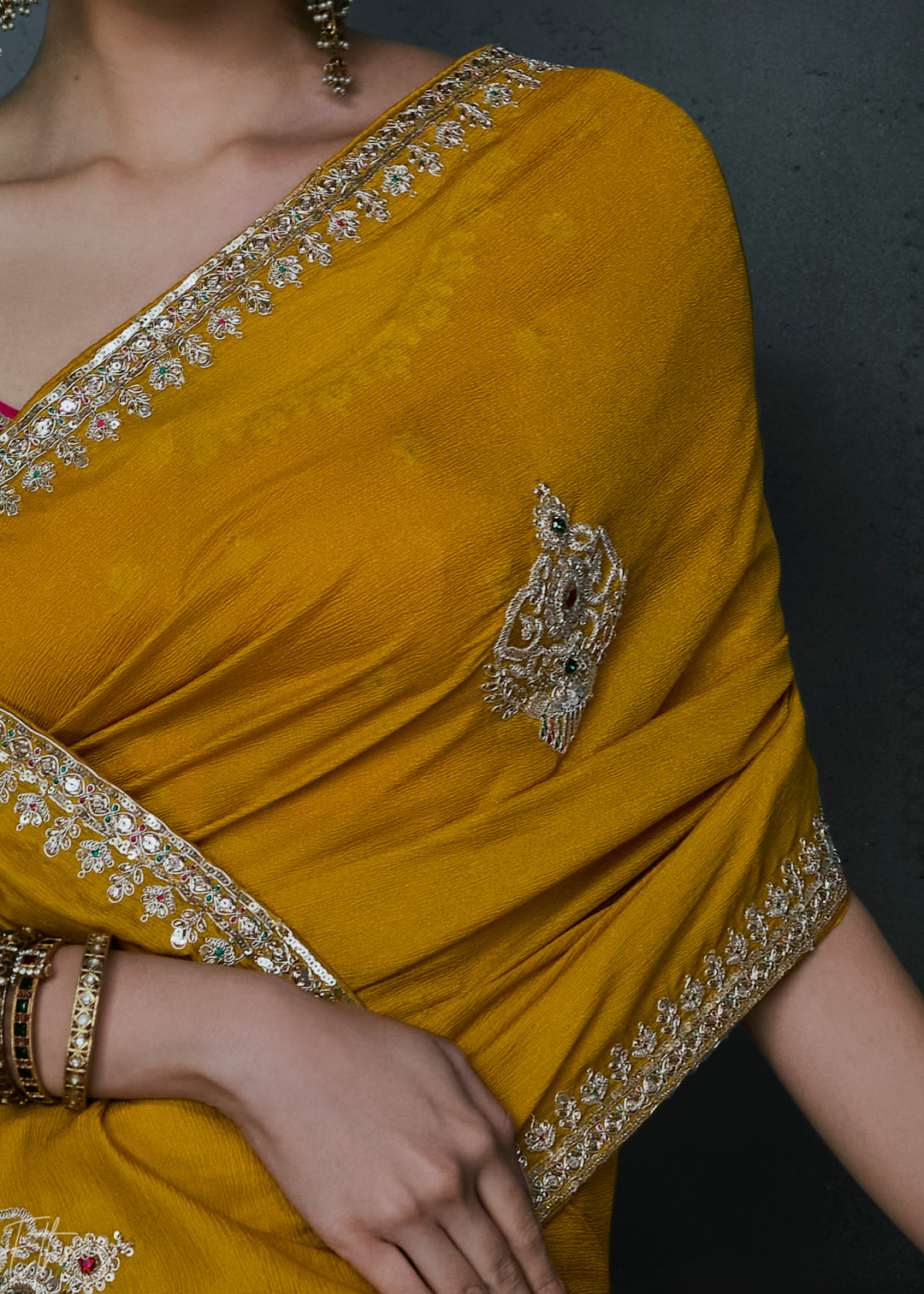 Mustard Yellow Scattered Detail Organza Silk Saree