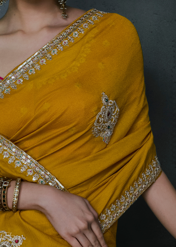 Mustard Yellow Scattered Detail Organza Silk Saree