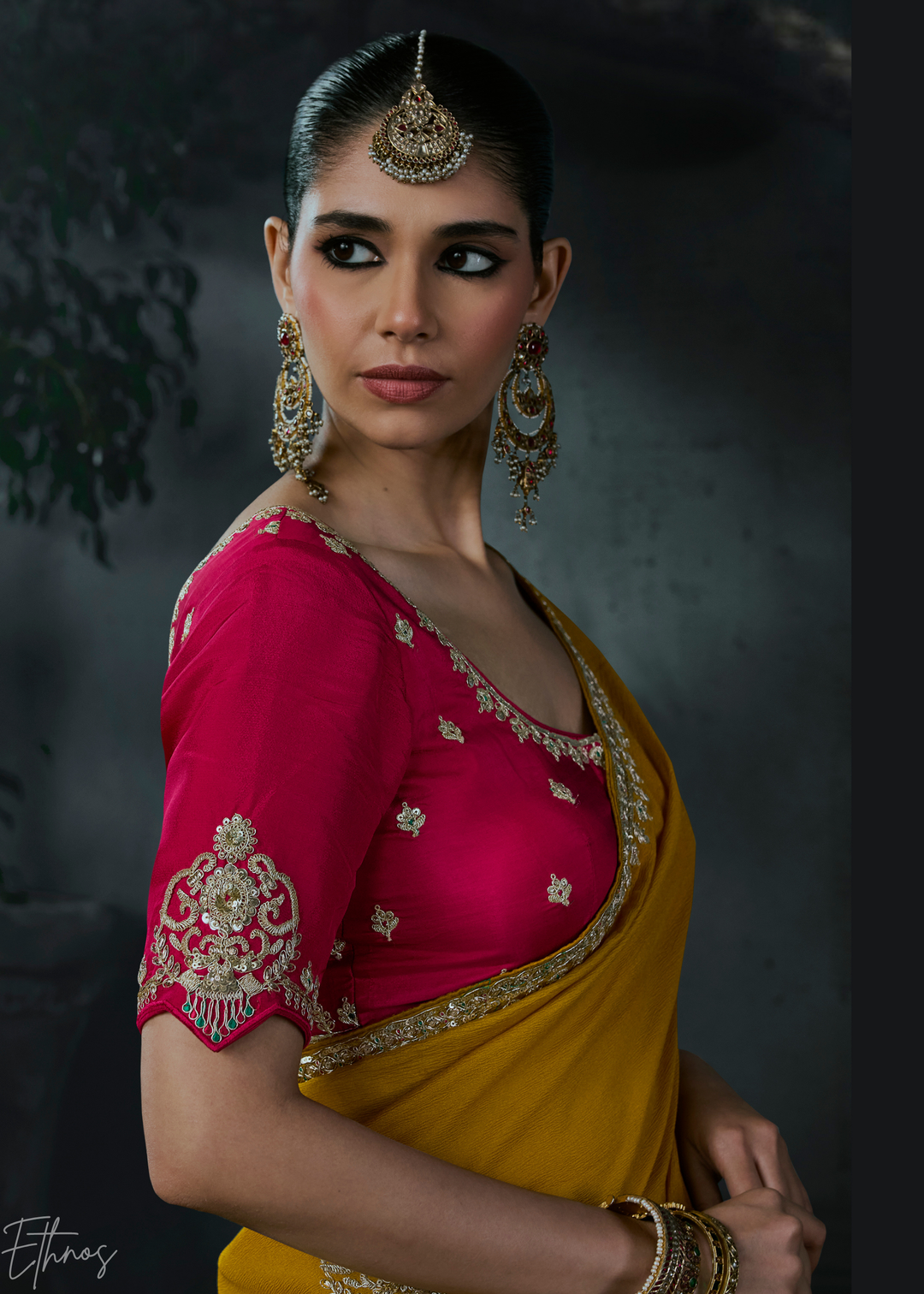 Mustard Yellow Scattered Detail Organza Silk Saree