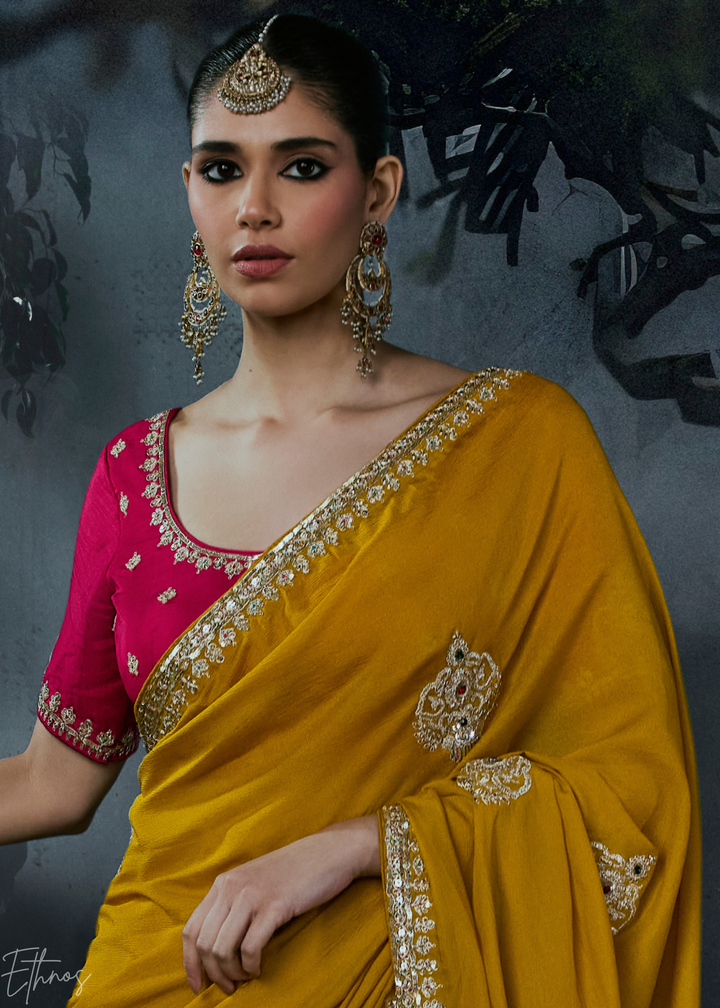 Mustard Yellow Scattered Detail Organza Silk Saree