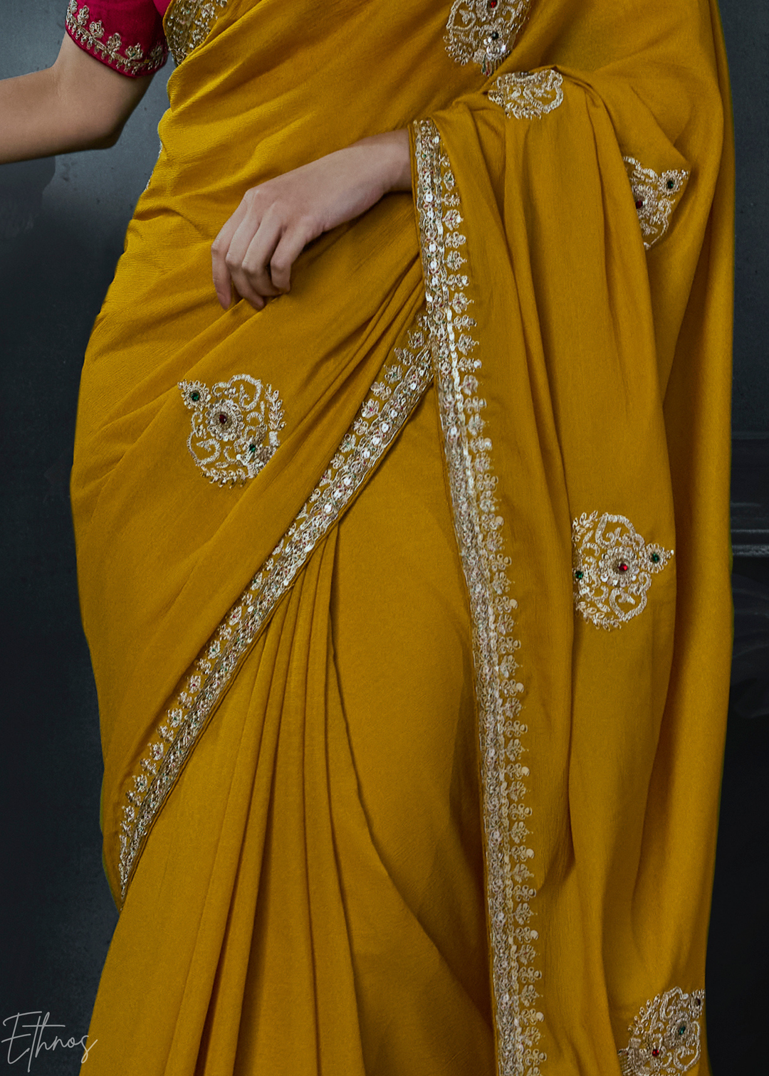 Mustard Yellow Scattered Detail Organza Silk Saree