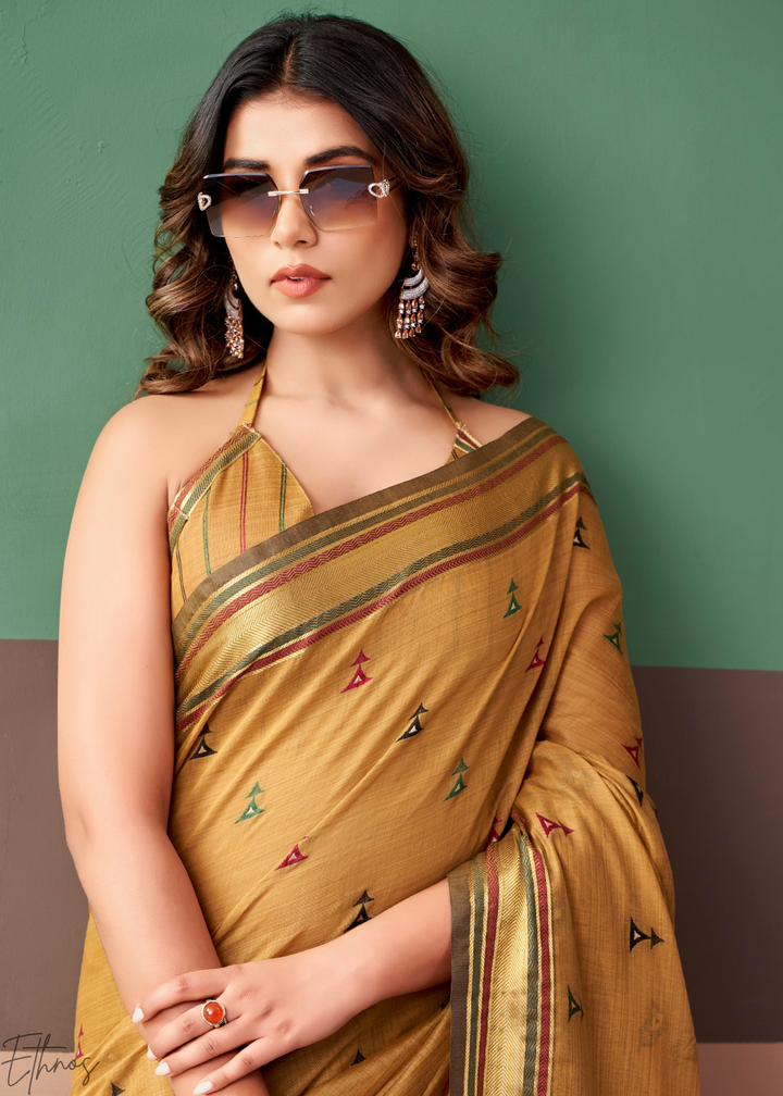 Mustard Yellow Zari Striped Pallu Cotton Saree