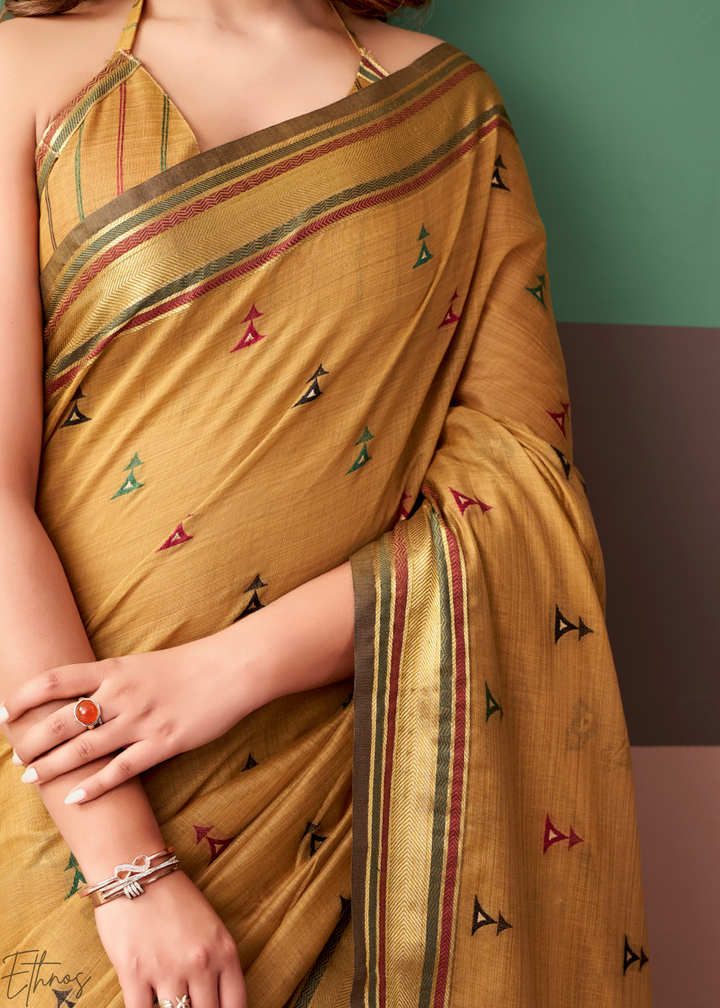 Mustard Yellow Zari Striped Pallu Cotton Saree