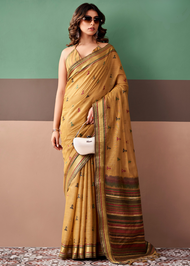 Mustard Yellow Zari Striped Pallu Cotton Saree