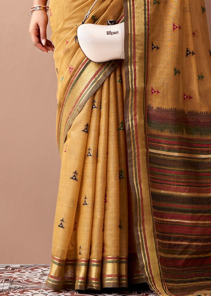 Mustard Yellow Zari Striped Pallu Cotton Saree