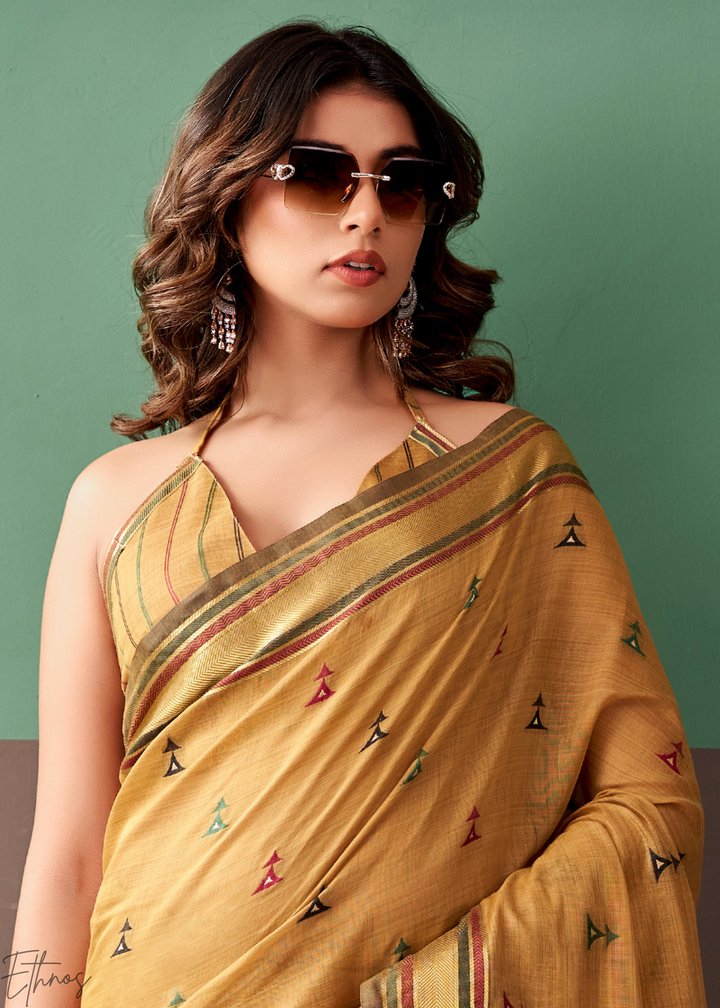 Mustard Yellow Zari Striped Pallu Cotton Saree