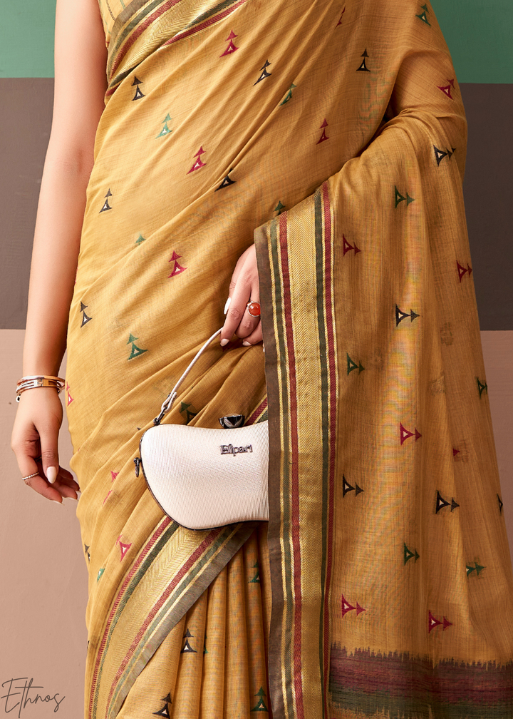 Mustard Yellow Zari Striped Pallu Cotton Saree