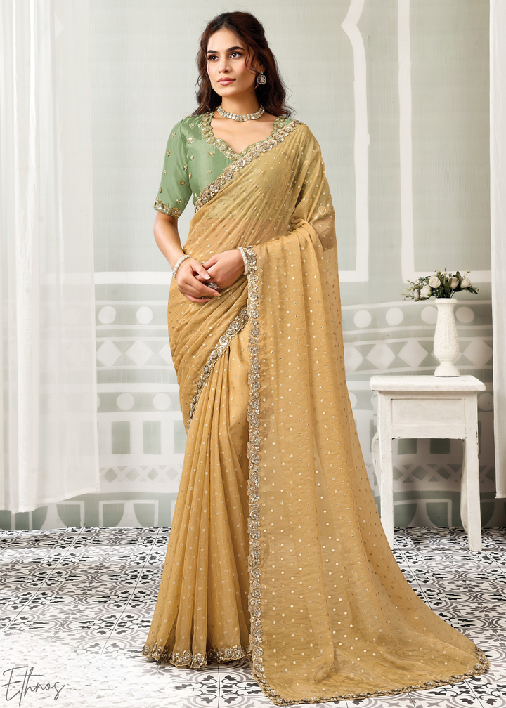 Mustard Yellow  Georgette jacquard Silk Saree