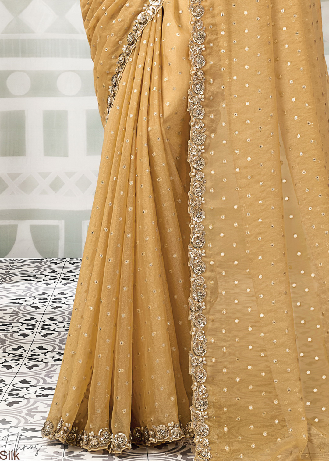 Mustard Yellow  Georgette jacquard Silk Saree